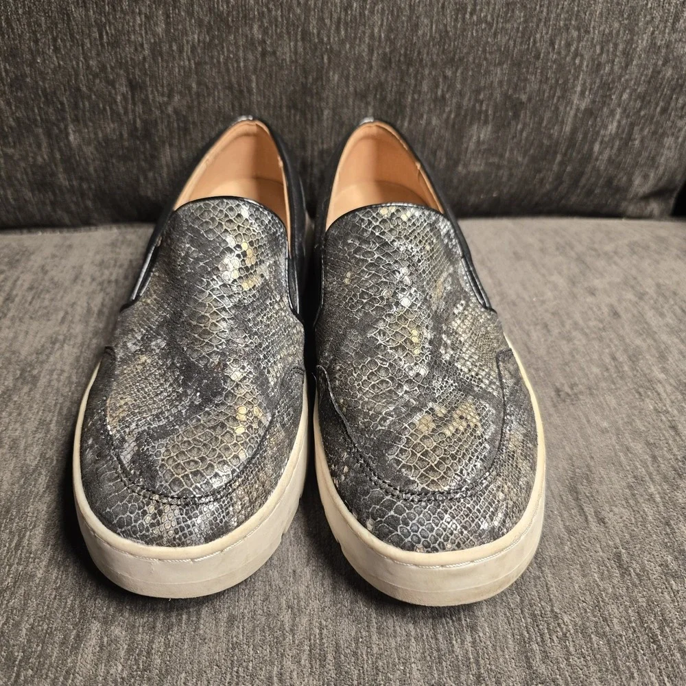 Vionic Dinora Boa Snakeskin Print Leather Slip On Platform Sneakers Black 8.5